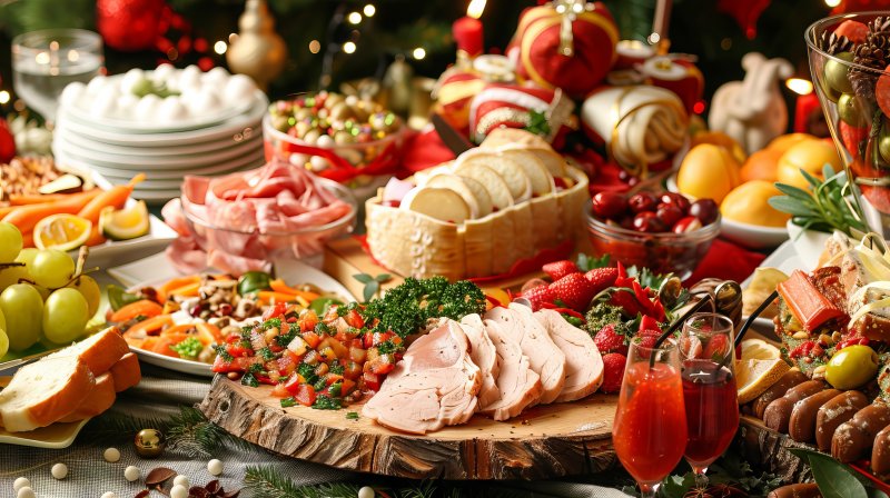 table full of holiday foods